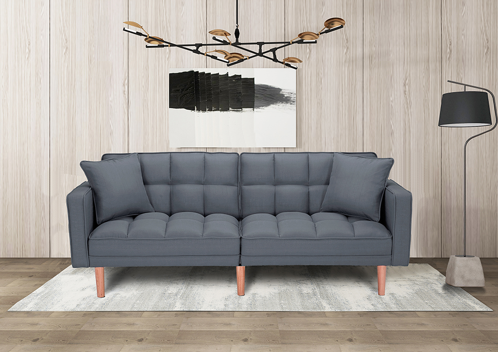 75" 2-seat Linen Upholstered Sofa Bed with 2 Pillows, Backrest, Armrests, and Solid Wood Feet, for Living Room, Bedroom, Office, Apartment - Dark Grey