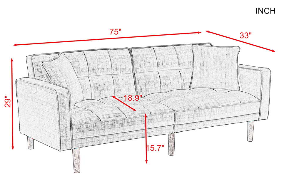 75" 2-seat Linen Upholstered Sofa Bed with 2 Pillows, Backrest, Armrests, and Solid Wood Feet, for Living Room, Bedroom, Office, Apartment - Dark Grey
