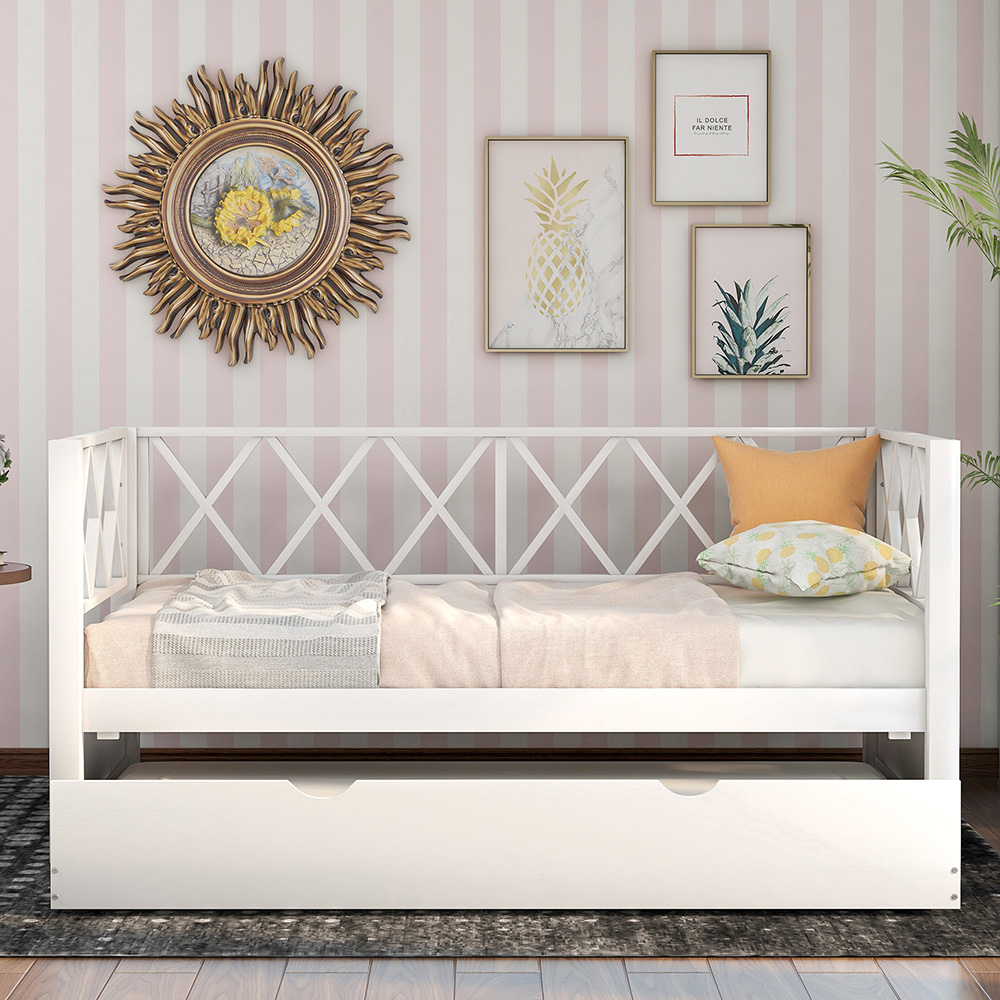 Twin Size Wooden Daybed Frame with Trundle Bed and X-Shaped Backrest, No Need for Spring Box, for Living Room, Bedroom, Office, Apartment - White