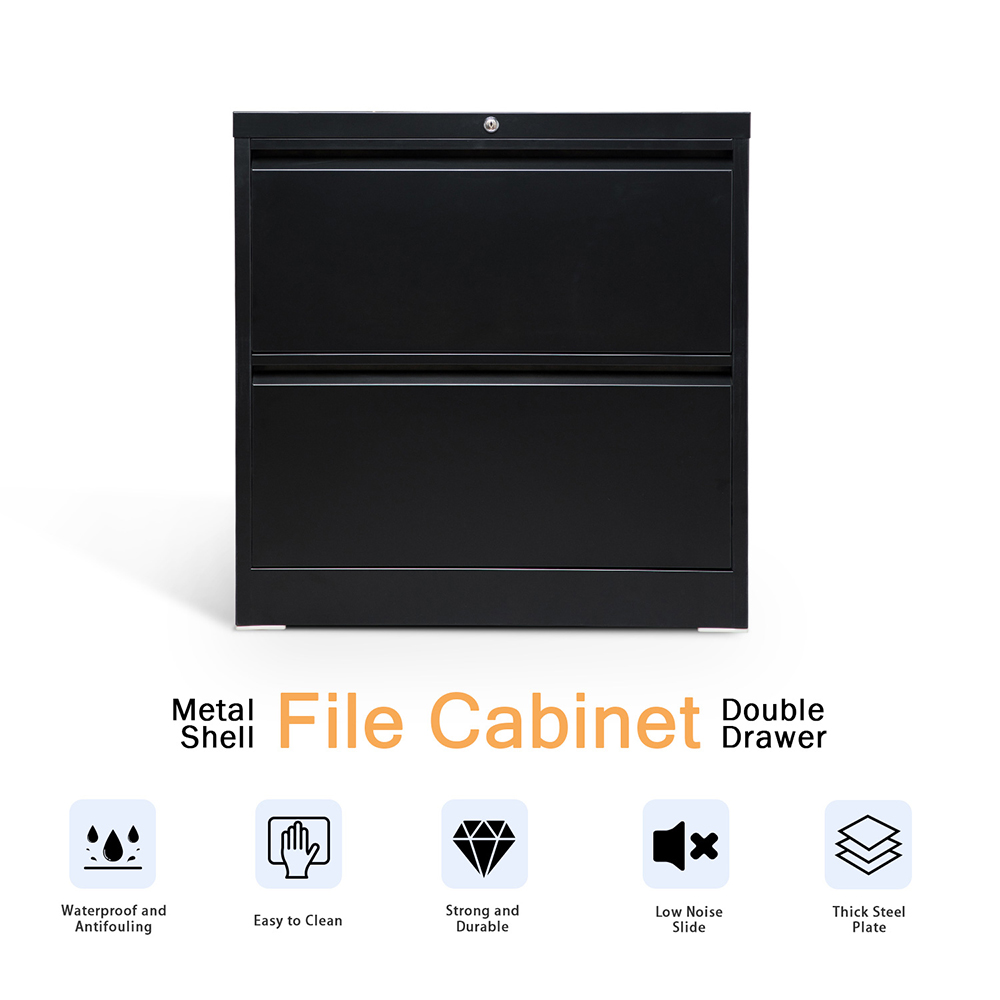 Home Office Lateral Metal Lockable File Cabinet with 2 Storage Drawers, for A4, Letter-Sized and Legal-Sized Hanging Documents - Black