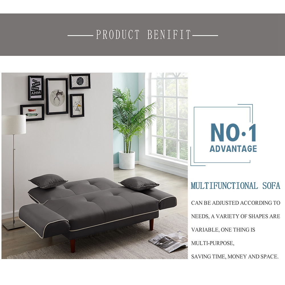 Twin Size Linen Upholstered Sofa Bed with 2 Pillows and Adjustable Armrests for Living Room, Bedroom, Office, Apartment - Grey