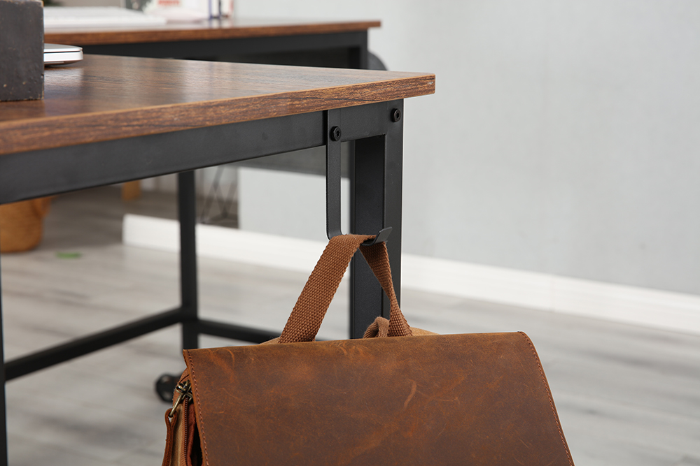 Home Office L-Shape Corner Wooden Computer Desk with Metal Frame - Brown