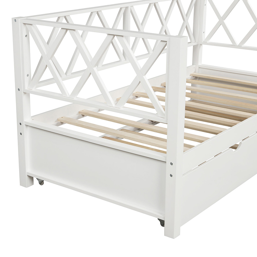 Twin Size Wooden Daybed Frame with Trundle Bed and X-Shaped Backrest, No Need for Spring Box, for Living Room, Bedroom, Office, Apartment - White
