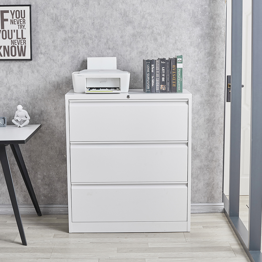 Home Office Lateral Metal Lockable File Cabinet with 3 Storage Drawers, for A4, Letter Sized and Legal Sized Hanging Documents - White
