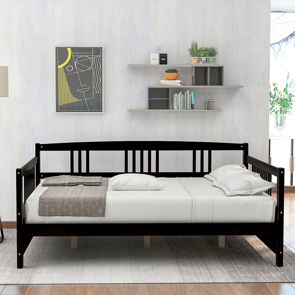 Full Size Wooden Daybed with High Legs and Wooden Slats Support, No Need for Spring Box, for Living Room, Bedroom, Office, Apartment - Espresso