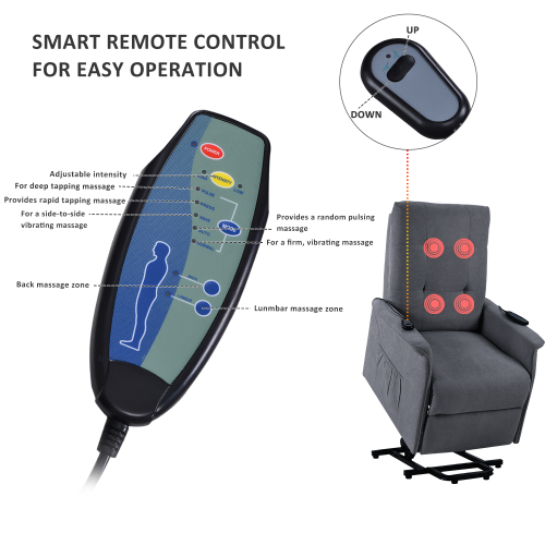 Orisfur Polyester Fabric Elderly Massage Lift Recliner with Remote Control for Office, Home Theater, Living Room - Dark Grey