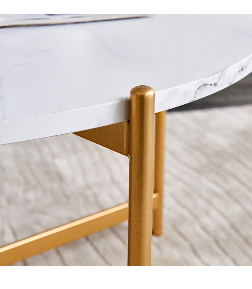 36" Modern Round Coffee Table with Imitation Marble Wooden Tabletop and Metal Frame for Living Room, Office, Apartment, Restaurant - Gold