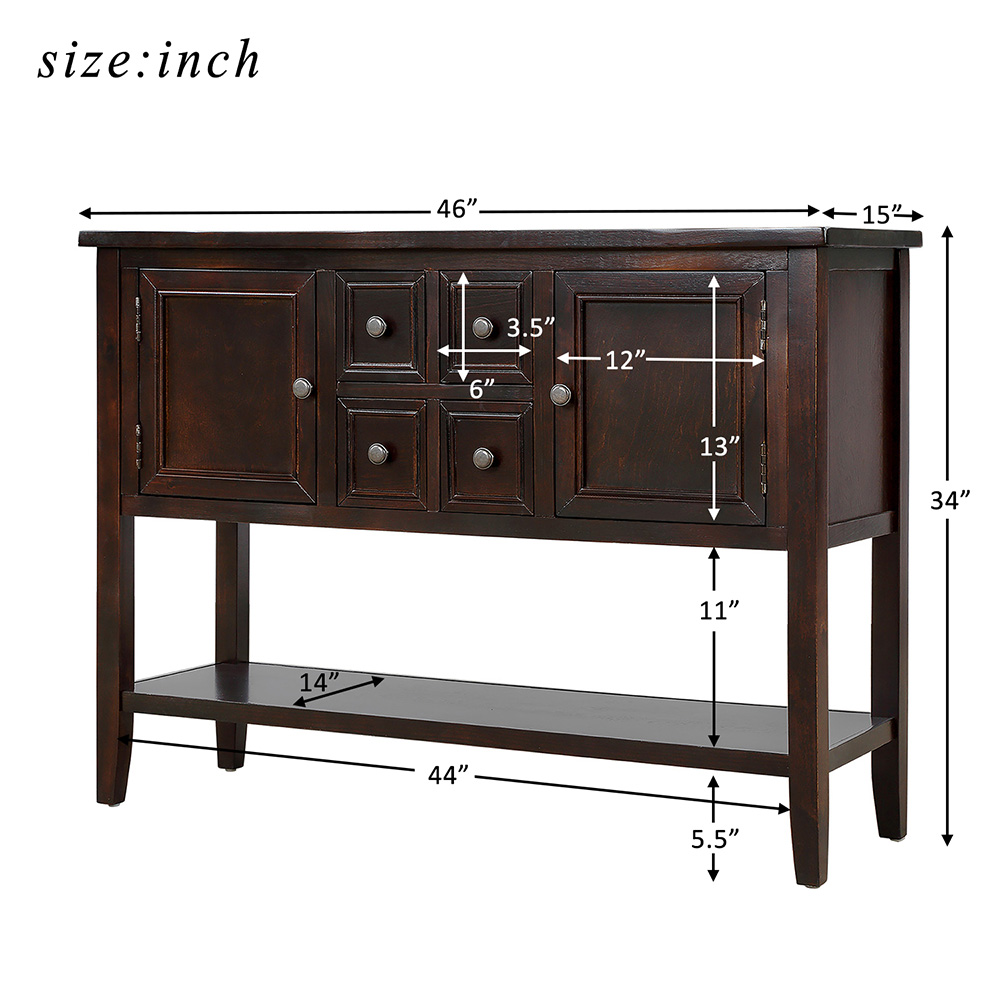 TREXM 46'' Console Table with 4 Storage Drawers, 2 Cabinets and Bottom Shelf, for Entrance, Hallway, Dining Room, Kitchen - Espresso