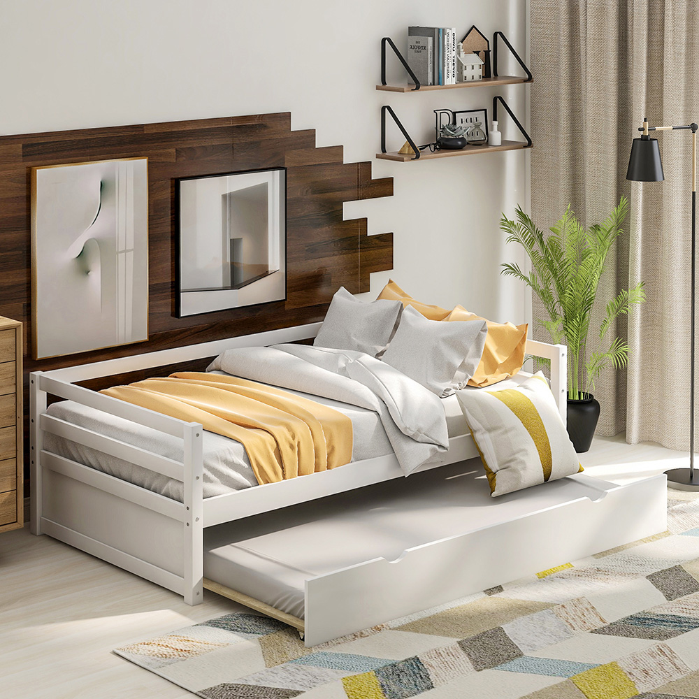 Twin Size Wooden Daybed With Trundle Bed And Wooden Slats Support, No Need For Spring Box, For Living Room, Bedroom, Office, Apartment - White 6 Twin Size Wooden Daybed with Trundle Bed and Wooden Slats Support, No Need for Spring Box, for Living Room, Bedroom, Office, Apartment - White