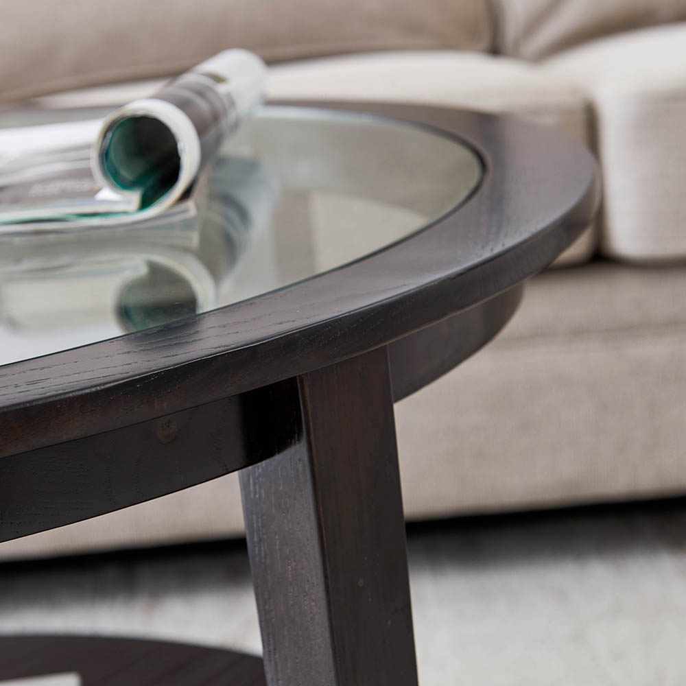 36" 2-Layer Glass Round Coffee Table with Wooden Frame and Legs, for Kitchen, Restaurant, Office, Living Room, Cafe - Black