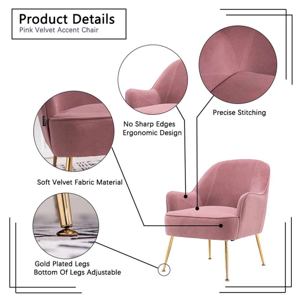 Velvet Upholstered Chair with Curved Backrest and Adjustable Metal Legs, for Living Room, Bedroom, Dining Room, Office - Pink
