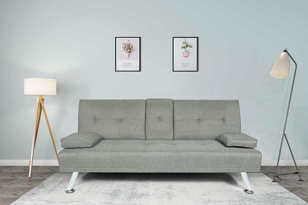 66" Twin Size Linen Fabric Sofa Bed with 2 Cup Holders and Metal Legs, for Living Room, Bedroom, Office, Apartment - Light Grey