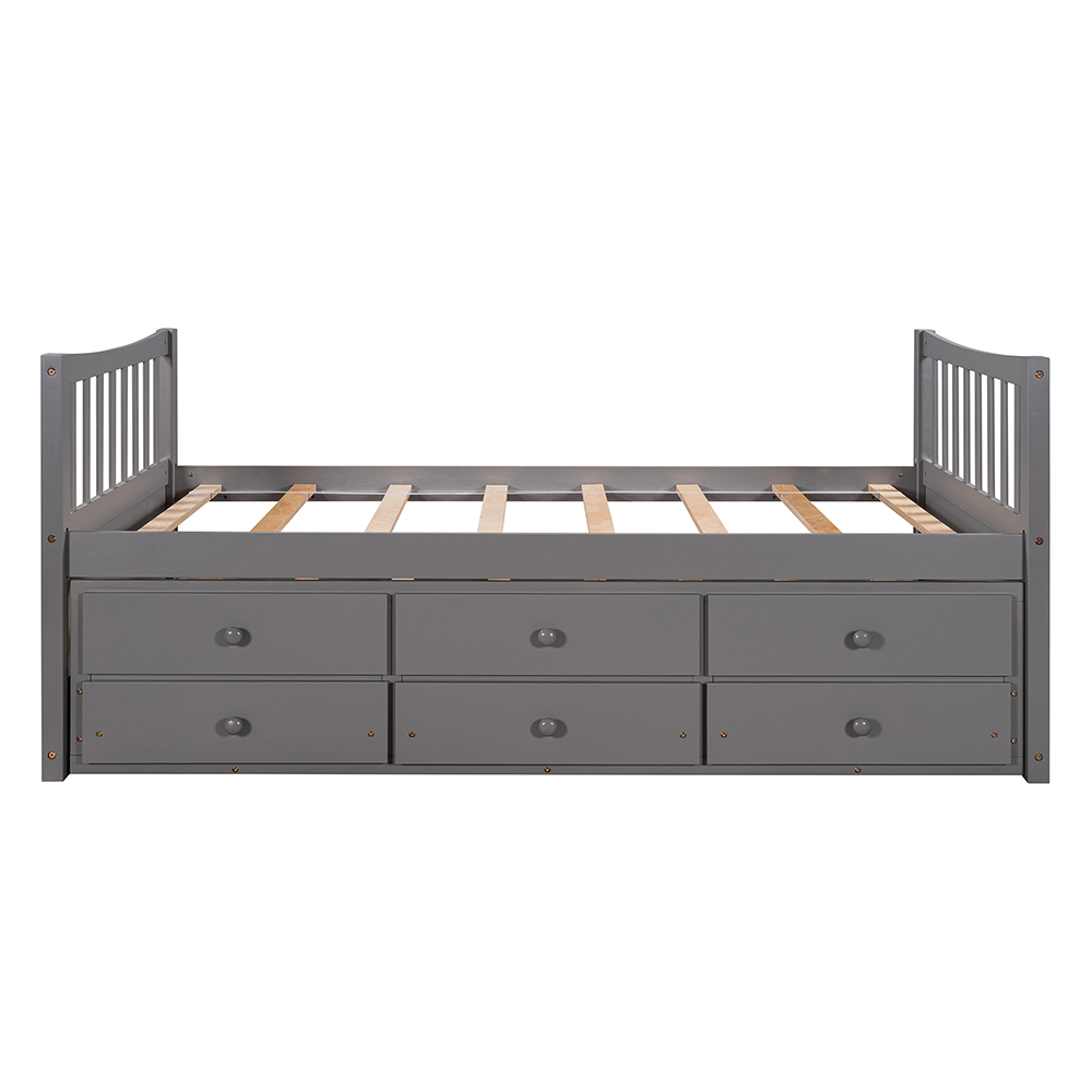 Twin Size Wooden Daybed Frame with Trundle Bed and 3 Storage Drawers, No Need for Spring Box, for Living Room, Bedroom, Office, Apartment - Gray