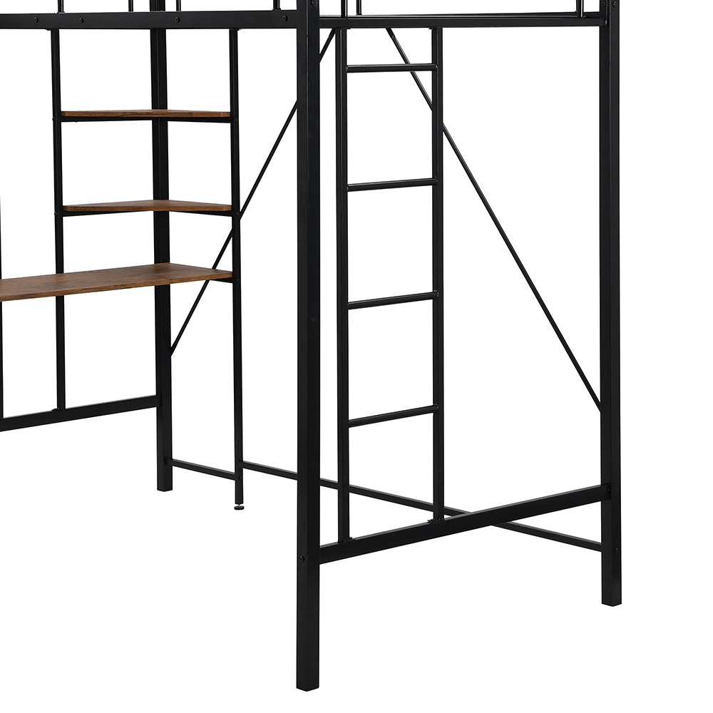 Twin Size Metal Loft Bed Frame with Storage Shelves and Desk, Space-saving Design, No Need for Spring Box - Black