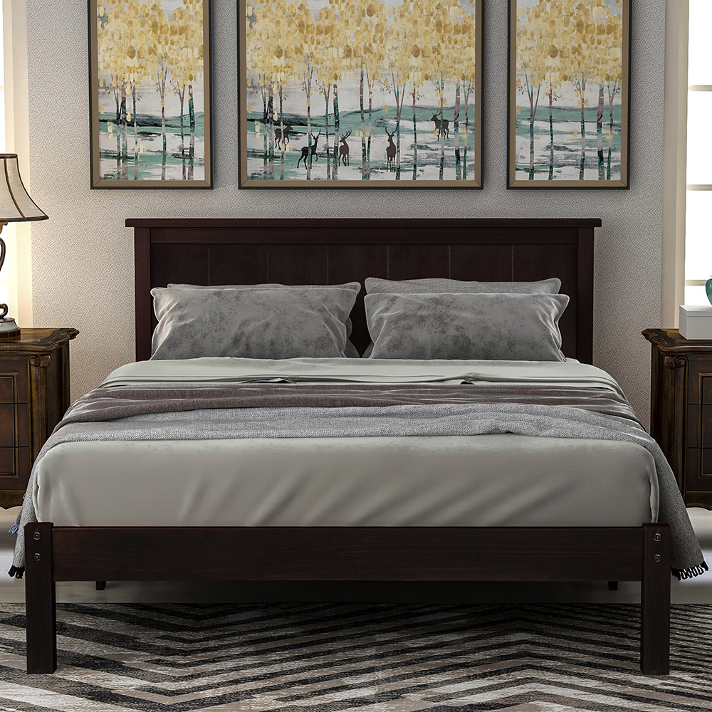 Full-Size Wooden Platform Bed Frame with Headboard and Wooden Slats Support - Espresso