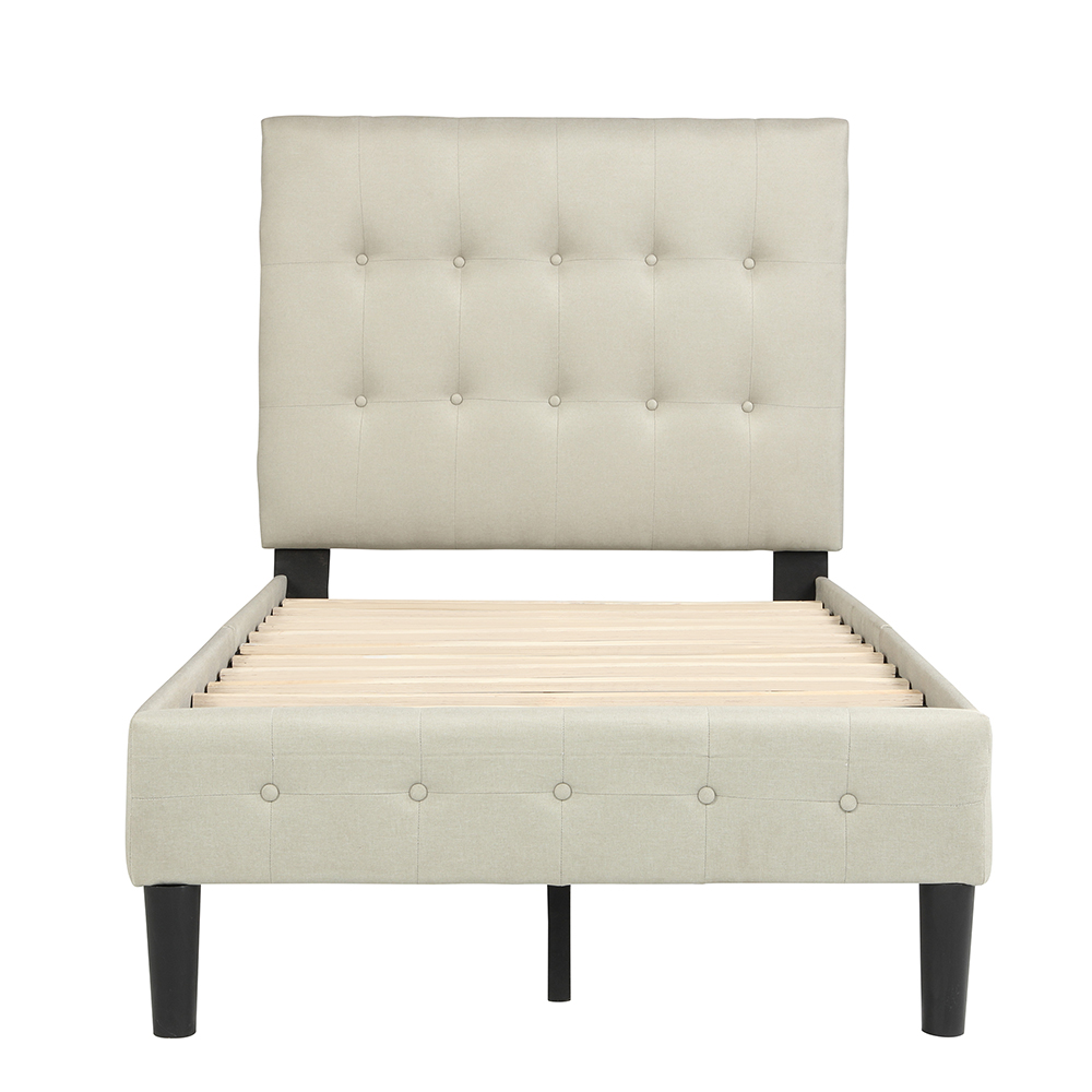 Twin Size Upholstered Platform Bed Frame with Tufted Headboard Beige
