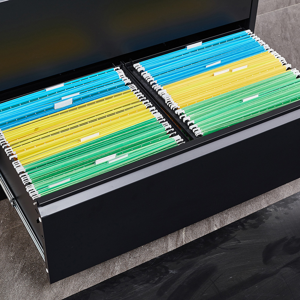 Home Office Lateral Metal Lockable File Cabinet with 4 Storage Drawers, for A4, Letter-Sized and Legal-Sized Hanging Documents - Black