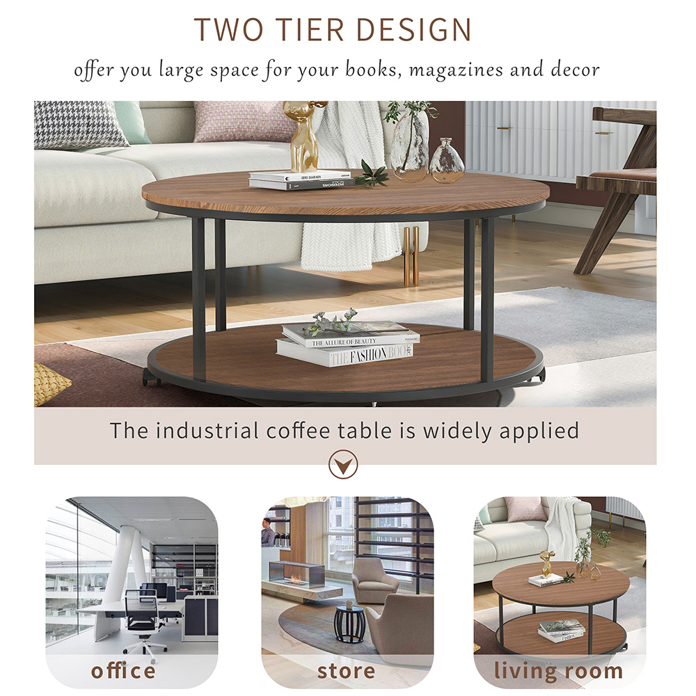 TREXM 35.5" 2-Layer Round Coffee Table with Caster Wheels and Wood Textured Surface, for Kitchen, Restaurant, Office, Living Room, Cafe - Light Brown