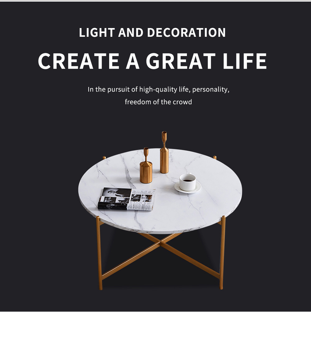 36" Modern Round Coffee Table with Imitation Marble Wooden Tabletop and Metal Frame for Living Room, Office, Apartment, Restaurant - Gold