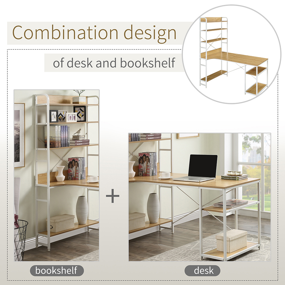 Home Office Steel Frame and MDF Board Computer Desk, with 5-layer Storage Shelf - Nature
