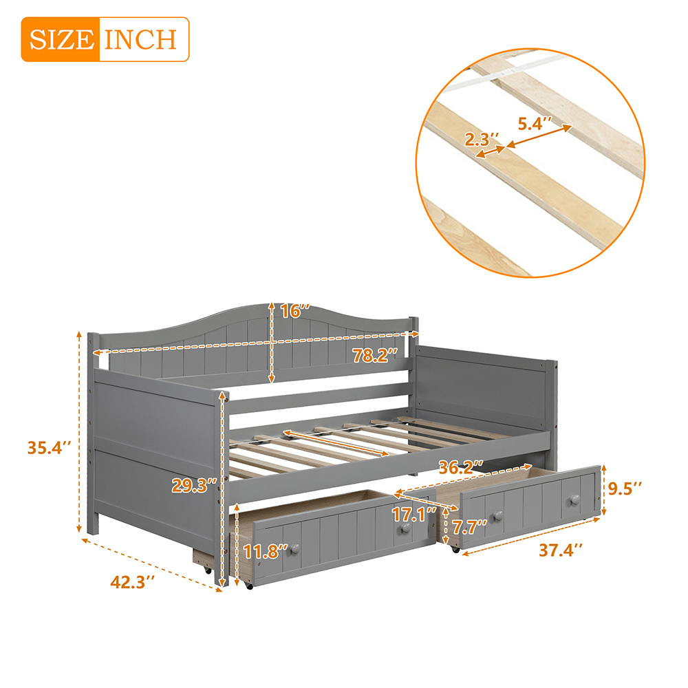 Twin-Size Wooden Platform Daybed Frame with 2 Storage Drawers and Wooden Slats Support - Gray