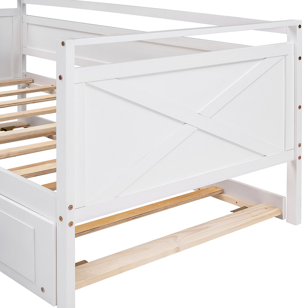 Twin-Size Wooden Daybed  Frame with Trundle Bed and Wooden Slat Support, No Need for Box Spring - White