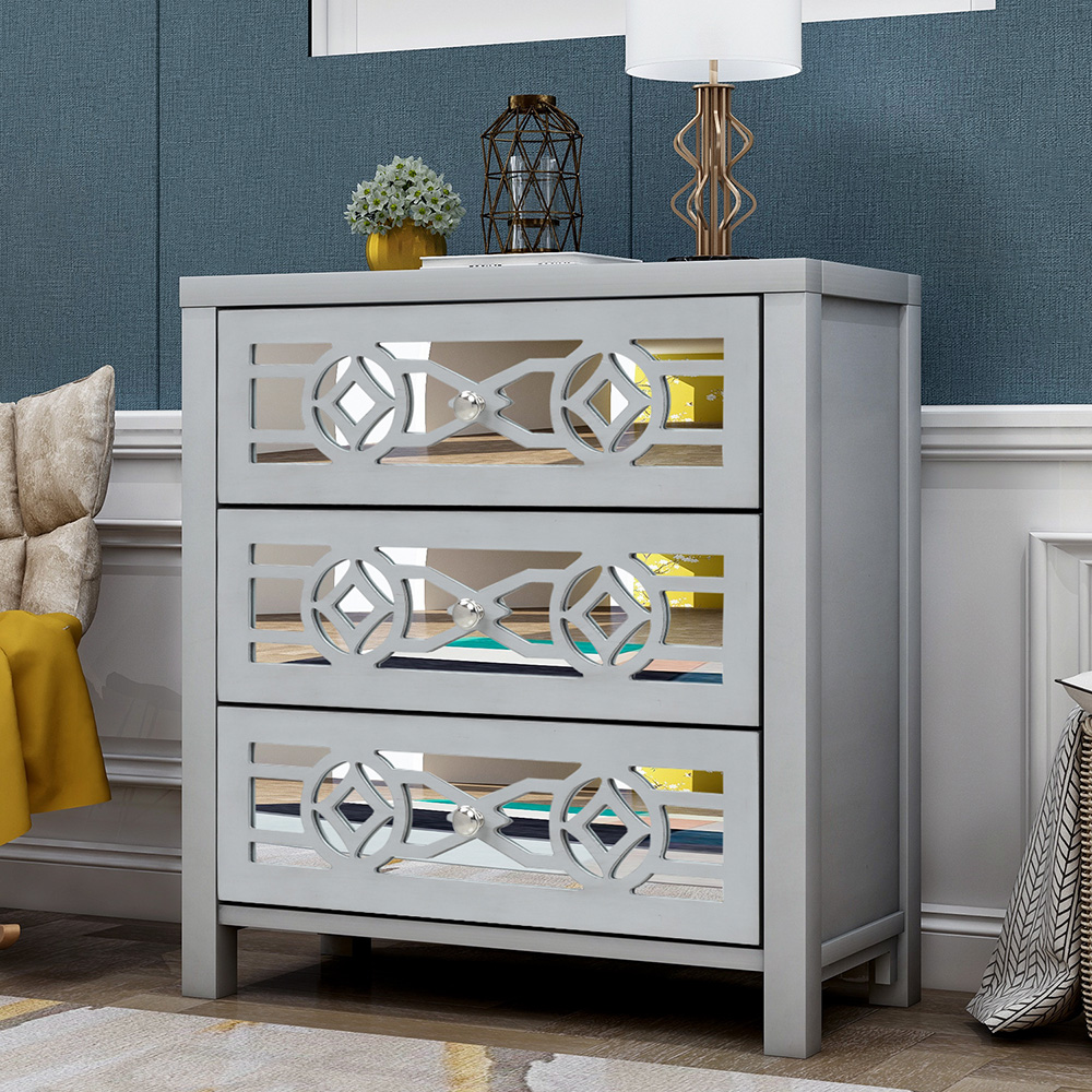 TREXM 26" Wooden Storage Cabinet with 3 Drawers and Decorative Mirror, for Entrance, Hallway, Dining Room, Kitchen - Silver