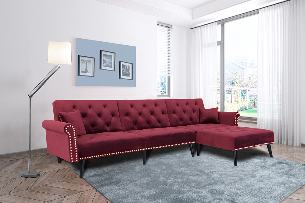 4-Seat Velvet L-shaped Corner Convertible Sofa Bed with Ergonomic Backrest and Solid Wood Feet for Living Room, Bedroom, Office, Apartment - Red