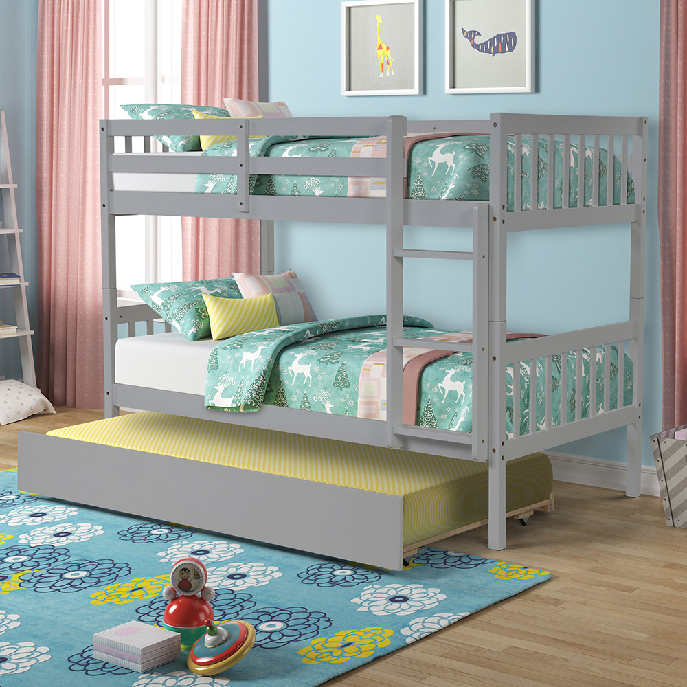 Twin-Over-Twin Size Wooden Bunk Bed Frame with Trundle Bed and Wooden ...