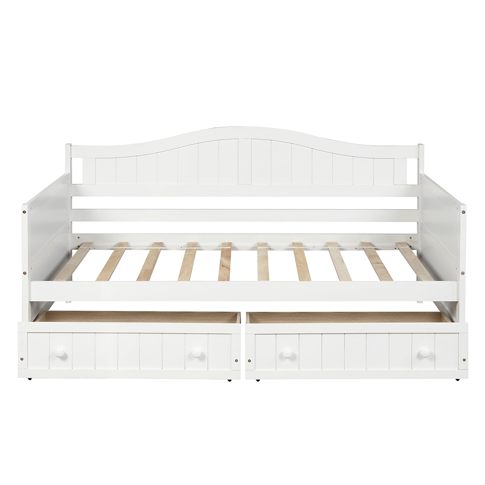 Twin-Size Wooden Platform Daybed Frame with 2 Storage Drawers and Wooden Slats Support - White