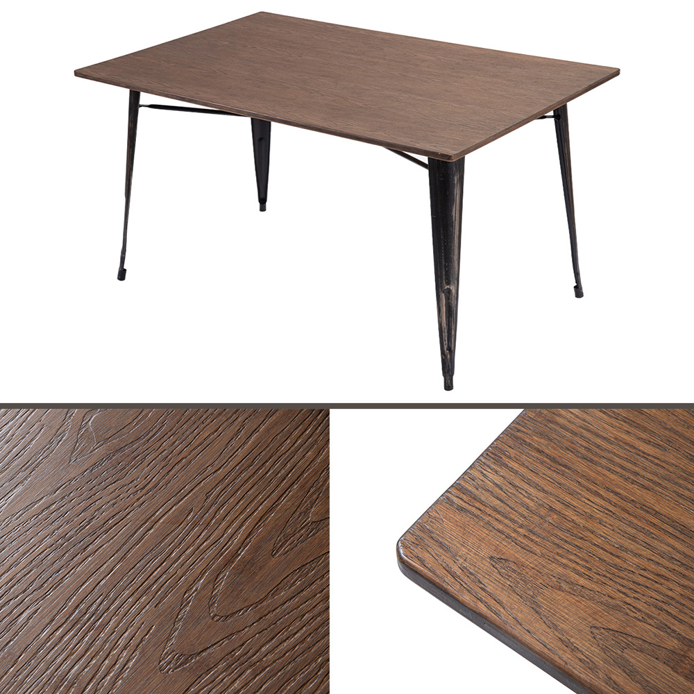 Rustic Vintage Style Distressed Dining Table with Wooden Seat Panel and Metal Legs for Kitchen, Living Room, Cafe, Reception Room - Black
