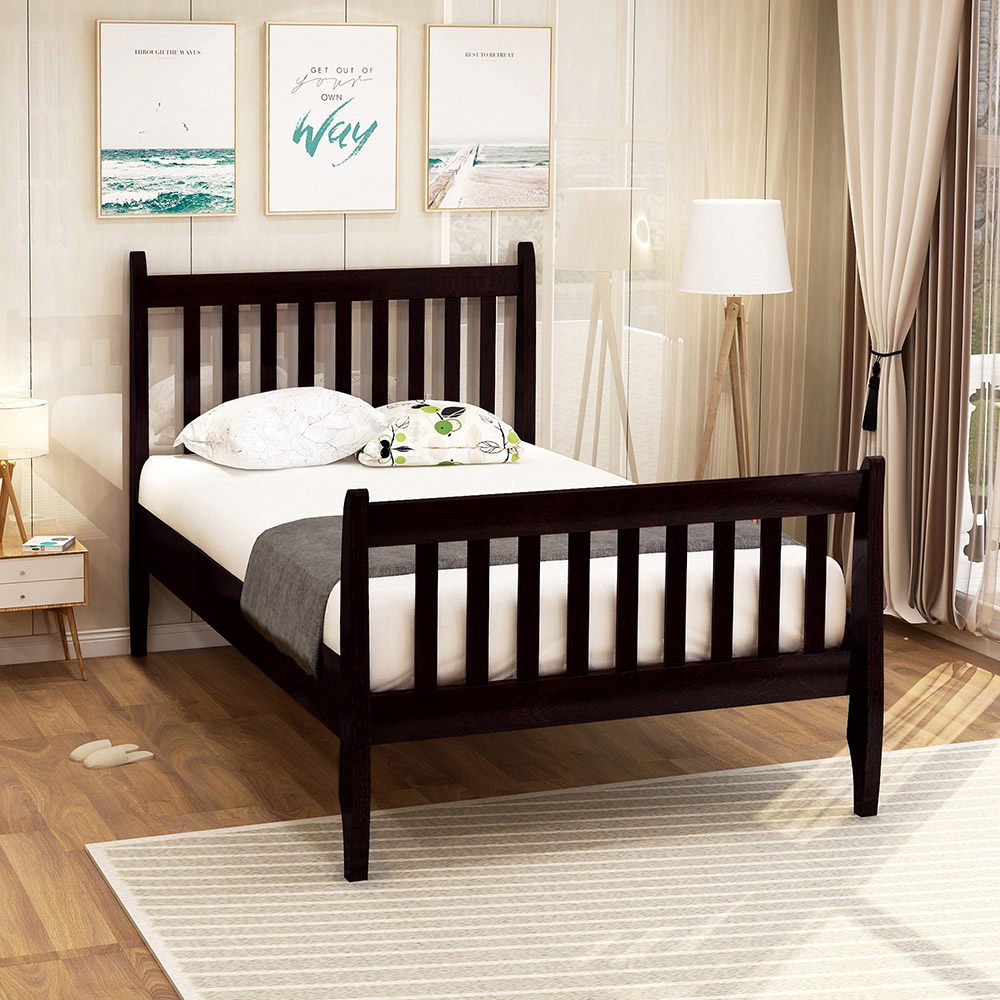 TOPMAX 80" Wooden Bed Frame with Wooden Slats and Railings (Frame Only) - Espresso