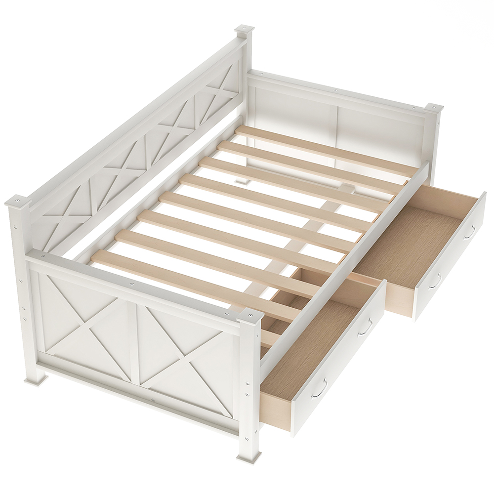 Twin Size Rustic Style Wooden Daybed Frame with 2 Storage Drawers and Wooden Slats Support, No Need for Spring Box, for Living Room, Bedroom, Office, Apartment - White