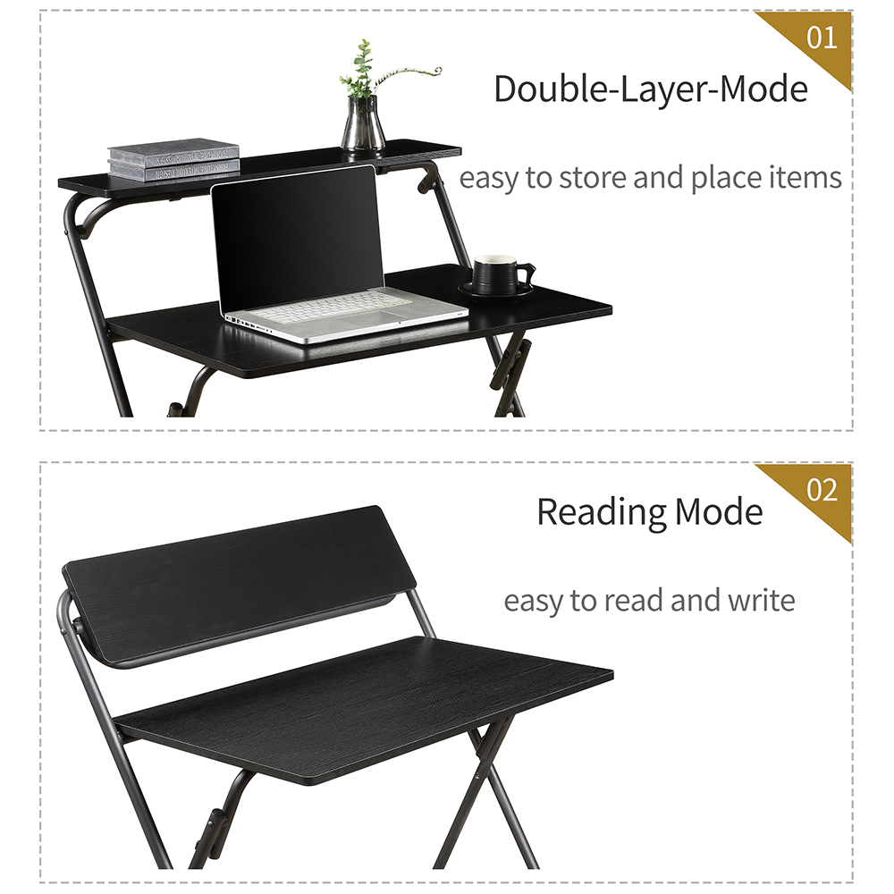 Home Office MDF Folding Computer Desk with Shelf and X-shaped Metal Legs - Black