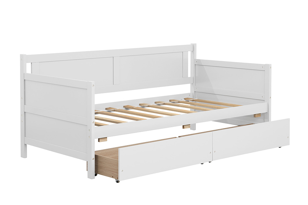 Twin Size Wooden Daybed Frame with 2 Storage Drawers and Wooden Slats Support, No Need for Spring Box, for Living Room, Bedroom, Office, Apartment - White