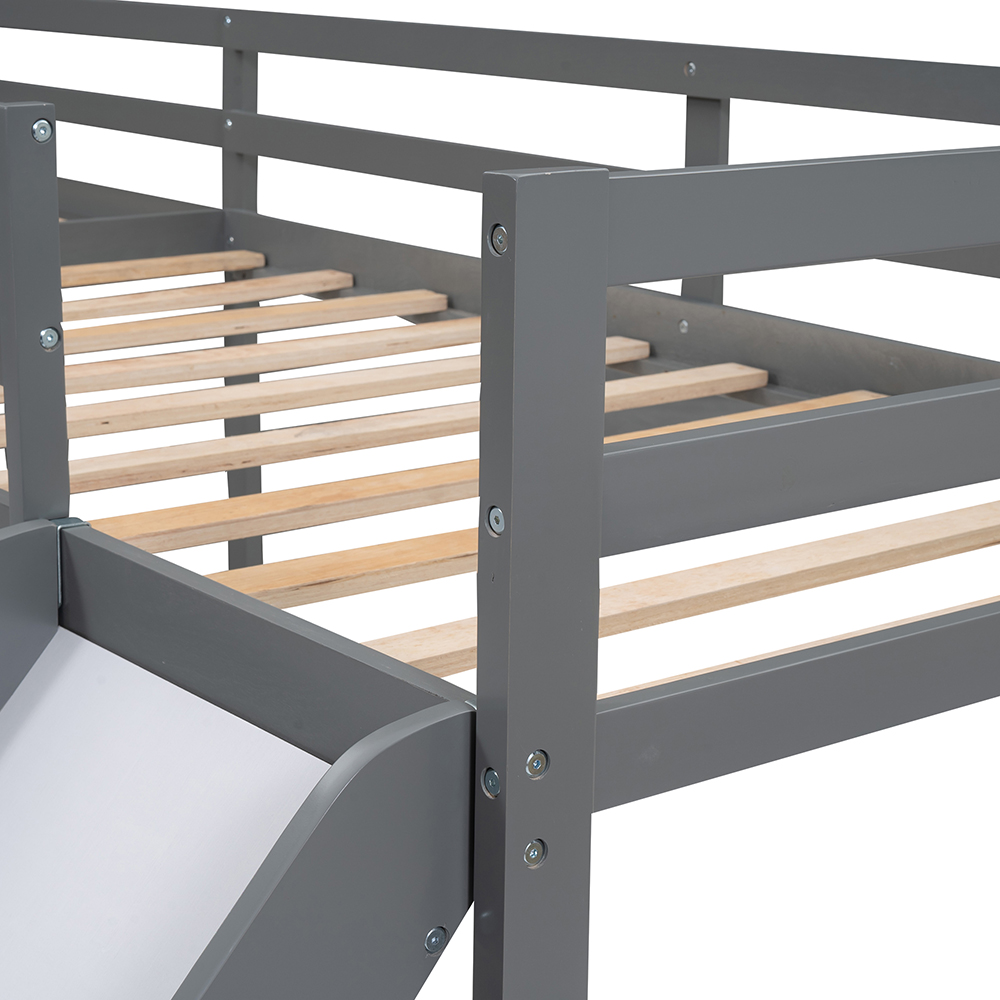 Twin-Size Wooden L-Shaped Loft Bed Frame with Ladder, Slide, and Wooden Slat Support, No Need for Box Spring - Gray