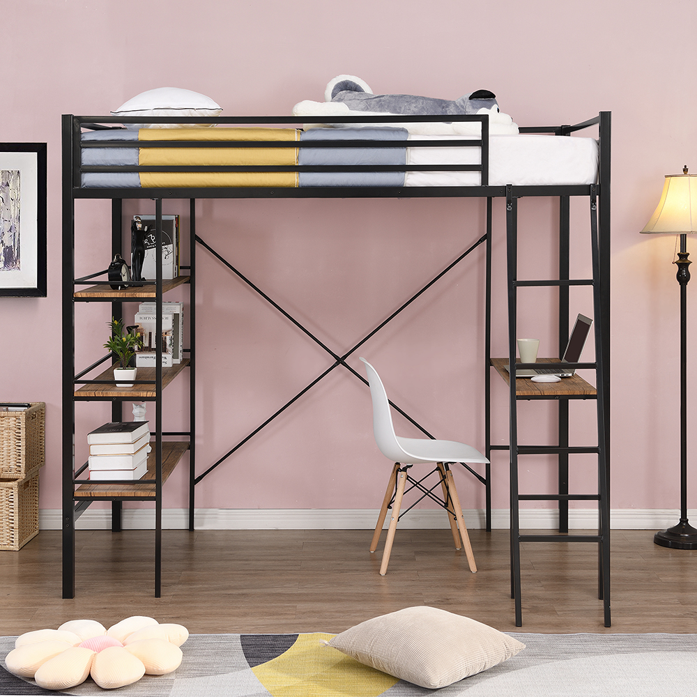Twin Size Metal Loft Bed Frame with Shelf and Desk, Suitable for Small Rooms - Black
