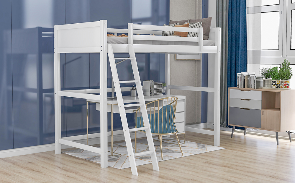 Twin-Size Wooden Loft Bed Frame with Ladder and Wooden Slats Support, Space-saving Design - White