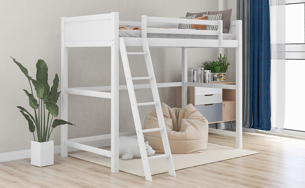 Twin-Size Wooden Loft Bed Frame with Ladder and Wooden Slats Support, Space-saving Design - White