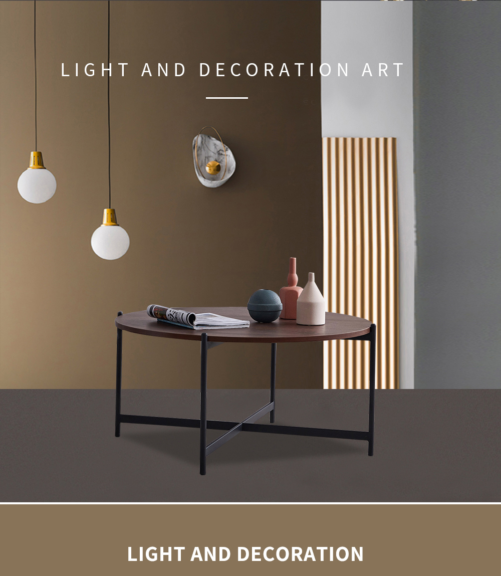 36" Modern Round Coffee Table with Walnut Tabletop and Metal Frame for Living Room, Office, Apartment, Restaurant - Black