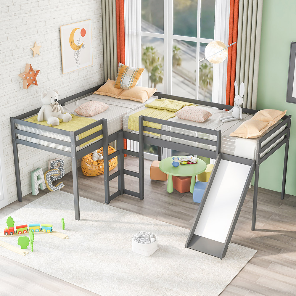Twin-Size Wooden L-Shaped Loft Bed Frame with Ladder, Slide, and Wooden Slat Support, No Need for Box Spring - Gray