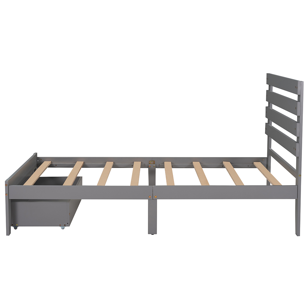 Twin Size Wooden Platform Bed Frame with 2 Storage Drawers - Gray