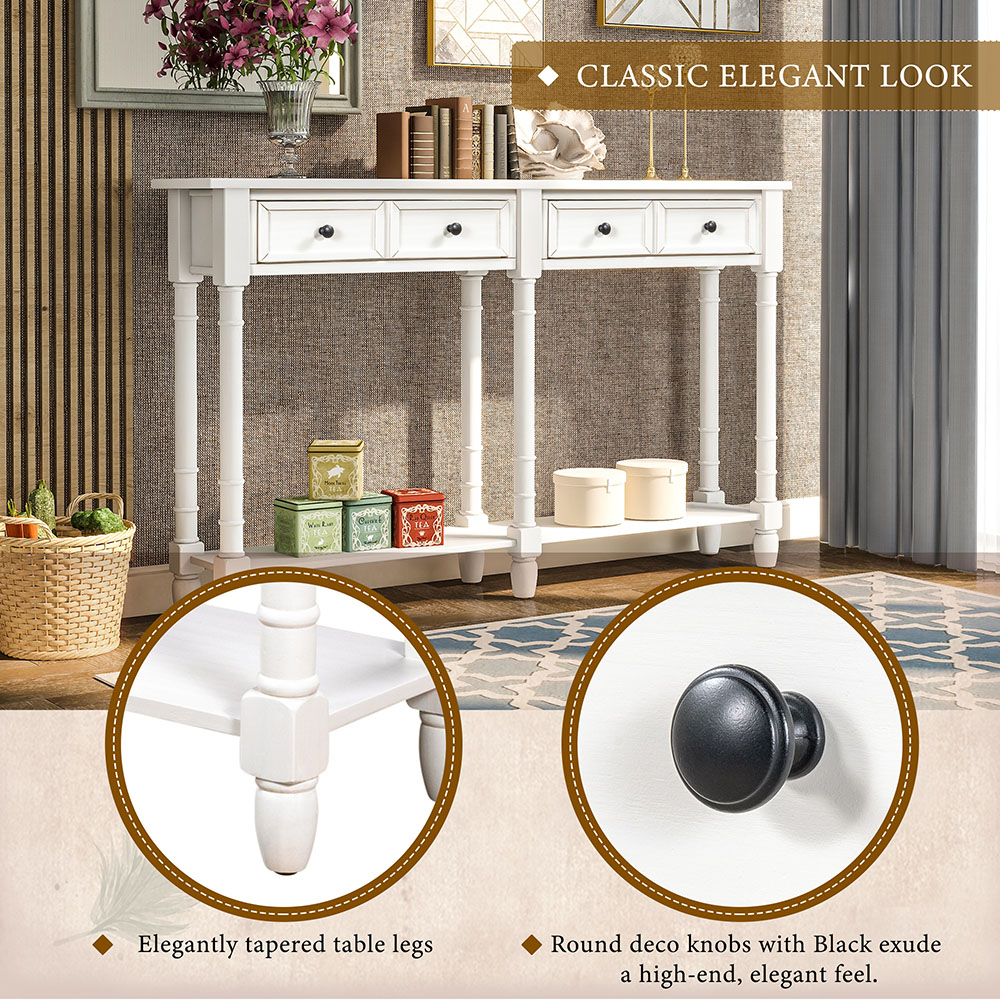 TREXM 58'' Console Table with 2 Storage Drawers, and Bottom Shelf, for Entrance, Hallway, Dining Room, Kitchen - White