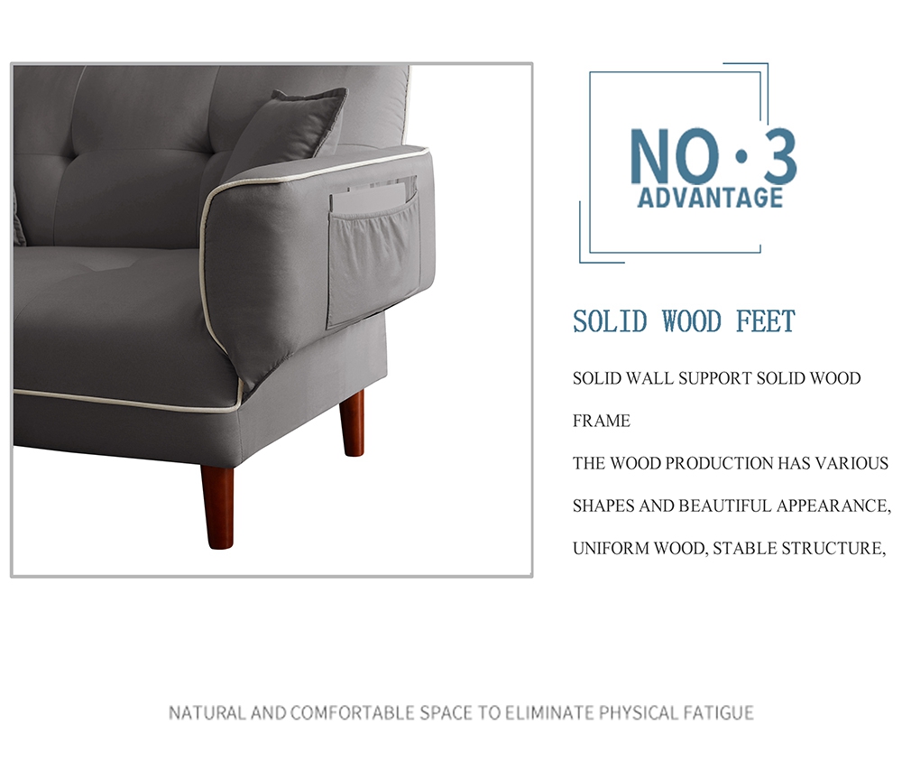 Twin Size Linen Upholstered Sofa Bed with 2 Pillows and Adjustable Armrests for Living Room, Bedroom, Office, Apartment - Grey