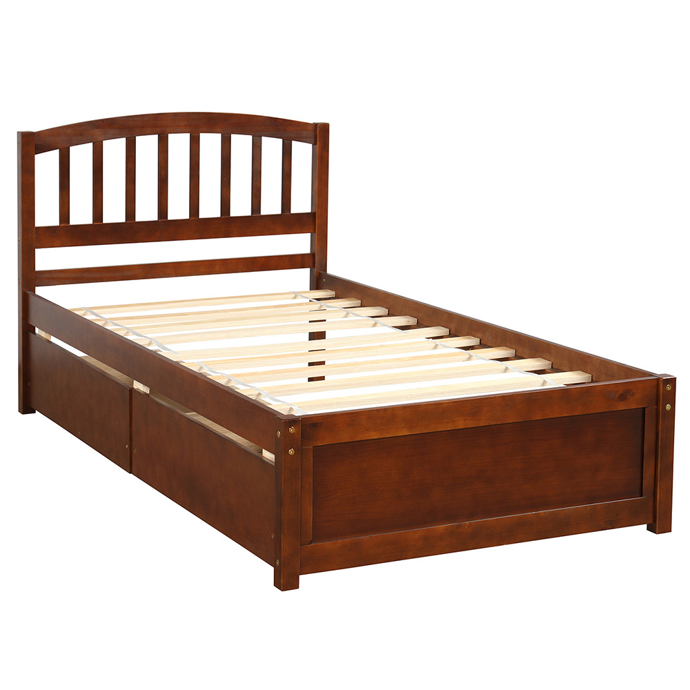Twin Size Wooden Platform Bed Frame with 2 Storage Drawers, and Wooden Slats Support, No Spring Box Required (Frame Only) - Walnut