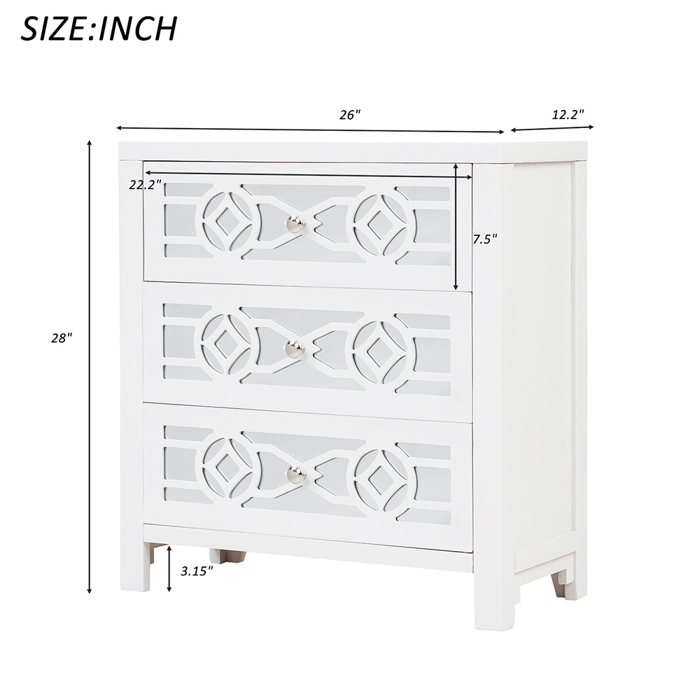 TREXM 26" Wooden Storage Cabinet with 3 Drawers and Decorative Mirror, for Entrance, Hallway, Dining Room, Kitchen - White