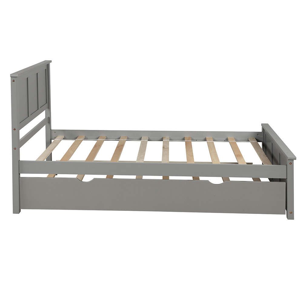 Twin Size Wooden Platform Bed Frame with Trundle Bed, and Wooden Slats Support, No Spring Box Required (Frame Only) - Gray