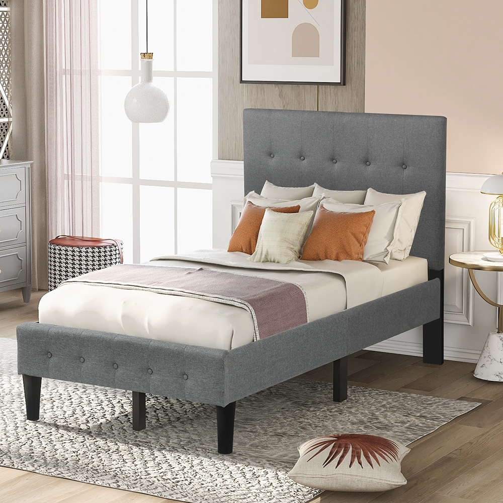 Twin Size Upholstered Platform Bed Frame with Tufted Headboard, Footboard, and Wooden Slats Support, No Spring Box Required (Frame Only) - Gray