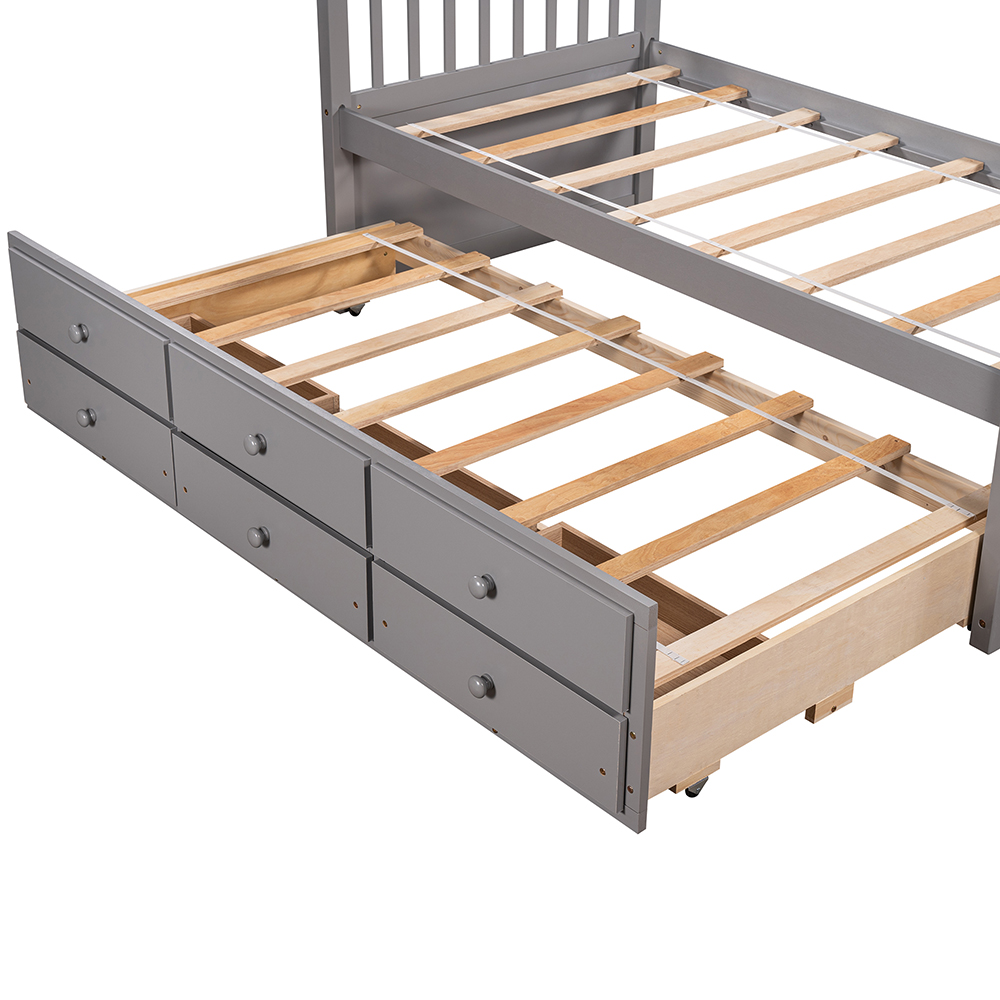 Twin Size Wooden Daybed Frame with Trundle Bed and 3 Storage Drawers, No Need for Spring Box, for Living Room, Bedroom, Office, Apartment - Gray