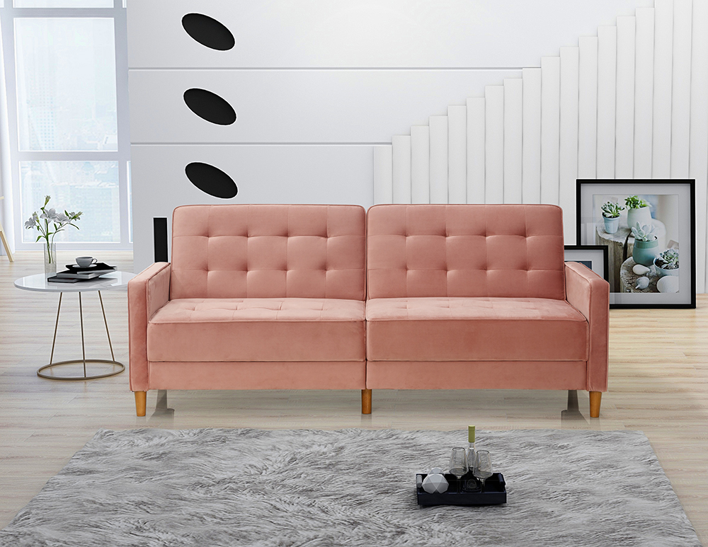 78" Velvet Fabric Upholstered Sofa Bed with Square Armrests Pink